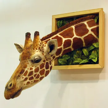 1 бр. 3D стенни скулптура на жирафа, 1 бр. Главата си жираф, стенни декорации, монтиране на изкуството, статуи на животни в реален размер, декорация