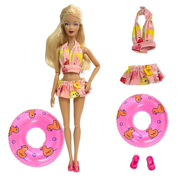 1 Комплект, Лятна Бански + Случаен Спасителен Кръг + Чехли, Плажни Розови Бански костюми, Обувки с Пръстен за Плуване, за Облекло за Кукли Барби, Аксесоари