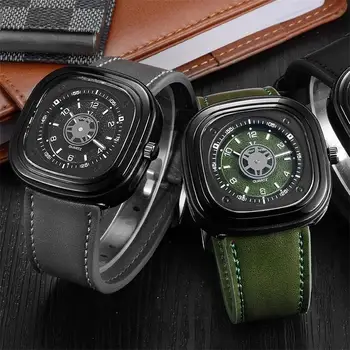 2018 Мъжки часовници с естествена кожена каишка, квадратен корпус, скелетонирующее лицето, чисто нов V6, мъжки военни спортни часовници, водоустойчиви часовници