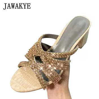 2019 г., луксозни дамски чехли от крокодилска кожа, с отворени пръсти на масивна ток, сандали за подиум с изрезки, дамски обувки за партита с кристали и диаманти