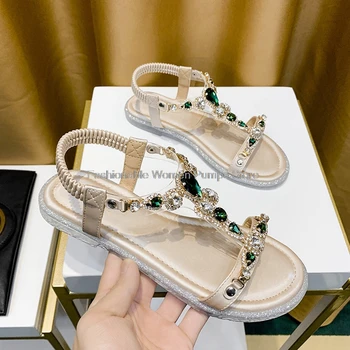 2021 нови дамски сандали лято, с кристали, без закопчалка, еластична, плажни обувки с отворени пръсти, дамски обувки на равна подметка, дамски сандали на танкетке