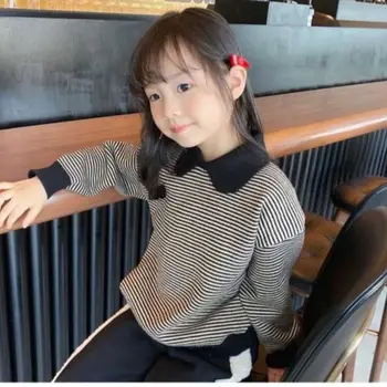 2021, пролет-есен, най-новият вязаный пуловер с дълъг ръкав за малки Момичета, шарени случайни свободен пуловер, детски топ, Детски Дрехи W321