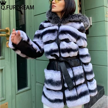 2022 Ново палто от естествена кожа заек Рекс с ръкав от овча кожа, шапка от кожа заек, колан, шарени женски палта, зимни уличен стил