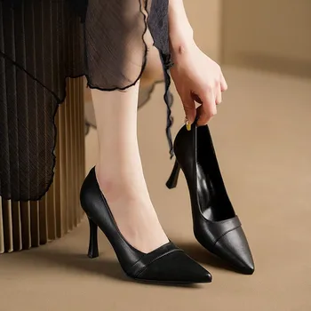2023 г., нови Кожени дамски обувки на висок ток с папийонка и остри пръсти на висок ток, Модни Zapatos De Mujer, дамски черна работна обувки