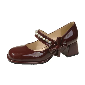 2023 г., фини обувки Mary Jane с лък на малки топчета, женски тънко пролетно-есенни нови модни обувки с квадратни пръсти, подходящи по цвят