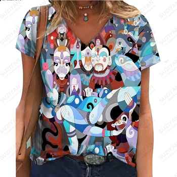 2023 Дамски Лятна Нова Мода Цветна Тениска с фрагментирана Картина и 3D Принтом с къс ръкав, женствена Тениска с V-образно деколте за Крайградски Пътувания В Разговорния Стил