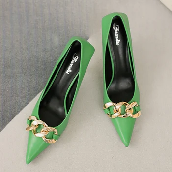 2023 Маркови Дамски Бяло-зелени Обувки-лодка на Ток Scarpins, Луксозни Офис Дамски Дизайнерски Обувки на Висок Ток 8 см за Бала, на Модела Вечерни Обувки