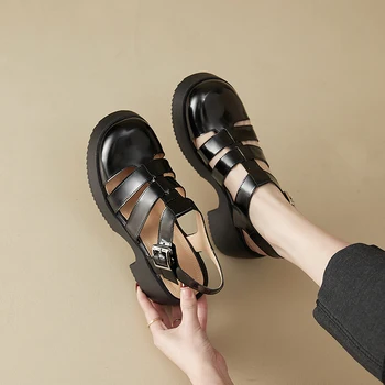 2023 нови дамски сандали от естествена кожа 22-25 см, воловья кожа + свинска кожа, естествена кожа, възли сандали-за ролята на държавата в стил ретро, дамски летни обувки
