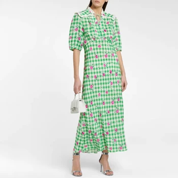 2023 Пролетта и лятото, нова ретро Стил, женски свободното си дълга рокля с пресен зелен принтом на талията