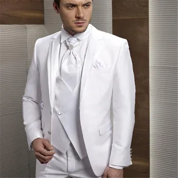 2023 Сватбен мъжки костюми, Смокинги за младоженеца, Мъжки костюм с изрезки на Лацканах, Бял Костюм на Младоженеца, Вечерни рокли за Бала (Яке + Панталон + Вратовръзка + Жилетка)