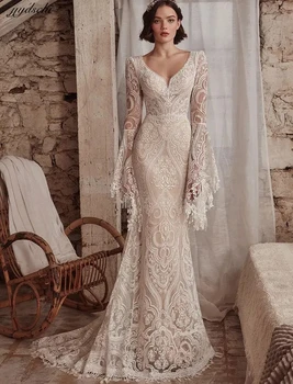 2023, сватбени рокли, с кръгло деколте в стил Русалка, елегантни ръкави-фенери, тюлевая илюзия, апликации, сватбената рокля на принцеса