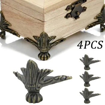 4 предмета, античен бижута месинг сандък от дърво, Дървени ковчег, Гардероб, декоративни крачета, Ъглов протектор за крака, метални изделия, Мебели, Аксесоари за инструменти