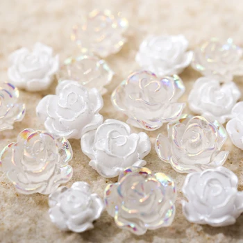 50 бр/пакет 3D цветни висулки за нокти, Информация за ноктите от бяла смола, холограма кристали Aurora, Дизайн на роза, маникюр и интериор в японски стил