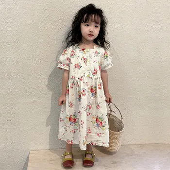 5144B Рокля корейски момиче, Дрехи с цветен модел, Лято 2023, Нова Памучен пола принцеса с къс ръкав, Модерно рокля