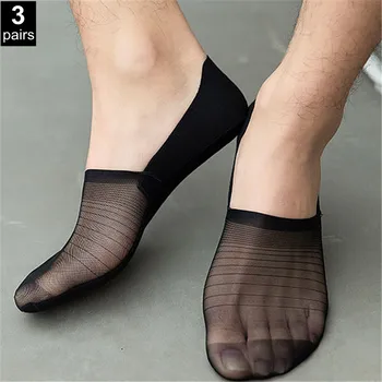 6 бр. = 3 чифта чорапи от прозрачна кожа, за мъже, безшевни мрежести чорапи без показване, бизнес силиконови нескользящие чехли-носочки