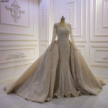 AM1397Royal/Сватбена рокля цвят Шампанско с дълги ръкави и пайети, 2 в 1, Русалка
