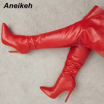 Aneikeh/новост 2024; дамски обувки над коляното; пикантни модерни обувки от изкуствена кожа с остри пръсти на висок тънък ток; Bottine Femme Талон