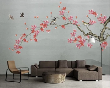 beibehang Конфигурирате нова, модерна китайски стил, ръчно рисувани цветя, птици, фон в цвят слива, тапети papel de parede