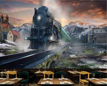 beibehang Потребителски HD тапети с дим от влак модни нови 3D стерео локомотив бар кабелна телевизия рисувани стенни черешов цвят стена на ресторанта