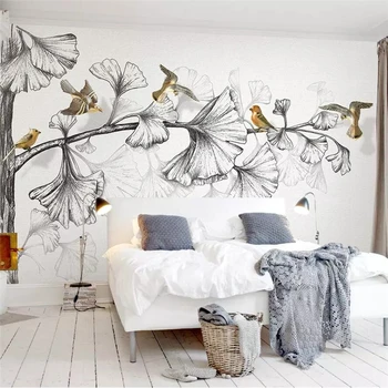 beibehang Потребителски тапети 3D плътна стенни картини в стил черно-бяла скица на листата на гинко летят птица ТЕЛЕВИЗИЯ фонови картинки