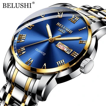BELUSHI Най-добрата марка на луксозни Мъжки часовник светещи водоустойчивост на часовника от неръждаема стомана, кварцов мъжки часовник с календар датата на Бизнес ръчен часовник