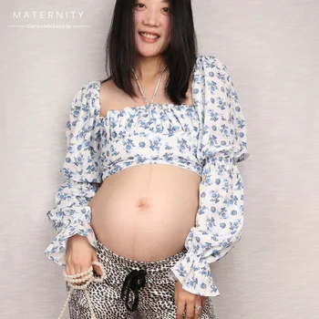 CARECODE Годишният съкратен топ с флорални принтом за бременни, сексуална Риза с пищни ръкави и завязками, Блуза, Снимка, Дрехи за бременни