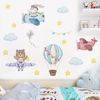 Cartoony сладък мечка, летящи животни, самолет, балон, звезди, акварел vinyl стикер на стената на детската за домашен интериор на детска стая