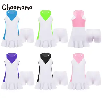 Choomomo/детско спортни дрехи за момичета с кръгло деколте и без ръкави, 2 бр., с цветни блокчета на гърба и къдри по дъното, спортна рокля с къси панталони, бързосъхнеща, спортно облекло