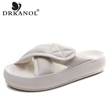 DRKANOL/нов дизайн, летните чехли, дамски чехли, модни удобни ежедневни чехли на равна подметка от естествена кожа и агнешка кожа, с отворени пръсти,