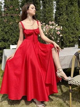 Easysmall House Френското червено винтажное секси романтична дебнещ рокля с шнур, с висока талия, с цепка, дълга рокля Spicy Girls Pure Desire, дълга рокля