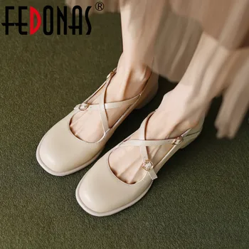 FEDONAS/ лаконичен дамски обувки-лодка с кръгло бомбе, ежедневна офис работа обувки, дамски обувки 2023 г., пролет-лято, основни обувки на нисък ток с тока и каишка
