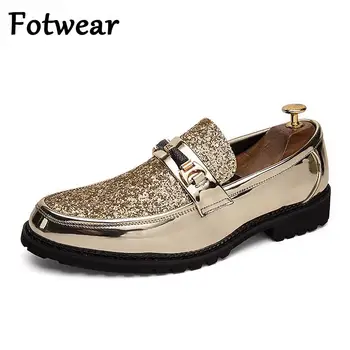 Fotwear/мъжки модел обувки цвят: златист, сребрист, 38-44, модерен мъжки кожени oxfords за сватбени партита, мъжки дизайнерски офис официалната обувки без закопчалка