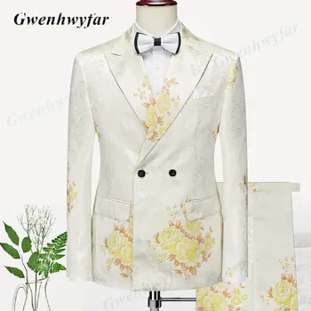 G & N 2023, нови луксозни вечерни смокинги, мъжки сватбени костюми със златен пионом, сметана, 3 предмет, двубортный блейзър, оборудвана жилетка, панталони