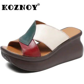Koznoy/ Чехли от естествена кожа в танкетке 7 см, Мокасини в етнически стил, Летни Чехли Смесени Цветове, Дамски Модни Обувки На Платформа с Отворени Пръсти