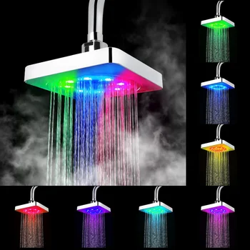 Led накрайник за душ с дъждовна тупалка, квадратна фиксиран накрайник за душ в 3 цвята, Датчик за температура, 7 цвята, което променя ултра-тих душ