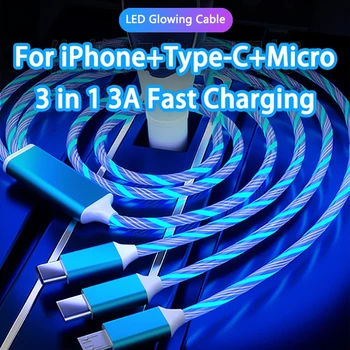 Led Светещи кабели 3A за бързо зареждане Type C 3 в 1 за iPhone, Samsung, Huawei, Xiaomi Зарядно устройство за мобилен телефон, USB-кабел, Проводник, захранващ Кабел