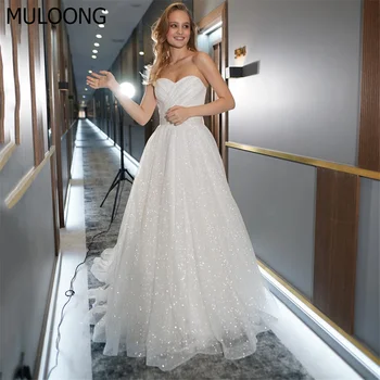 MULOONG Елегантна Бяла Сватбена рокля без ръкави с лък и плисета, расшитое пайети, с отворен гръб, с дължина до пода, с влак, Новост 2023 година