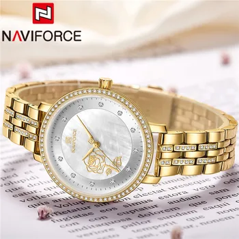 NAVIFORCE Топ луксозна марка, дамски часовник, кварцов мъжки водоустойчив часовник, златни дамски часовници е от неръждаема стомана, подарък 5017