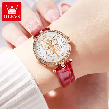 OLEVS 5576 Нови вносни кварцов часовник с женски кожена каишка на Крилата на Ангела, оригинално модно елегантна женствена рокля, часовник