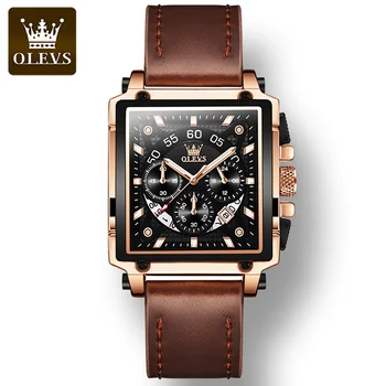 OLEVS 9919 Каишка от естествена кожа, голям циферблат, луксозни мъжки ръчен часовник, водоустойчив кварцов спортни часовници за мъже, светлинен календар
