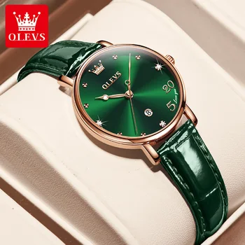 OLEVS Луксозни дамски Модни часовници оригинални ръчен часовник със зелен циферблат и кожена каишка, водоустойчиви дамски часовници, елегантни всекидневни подарък
