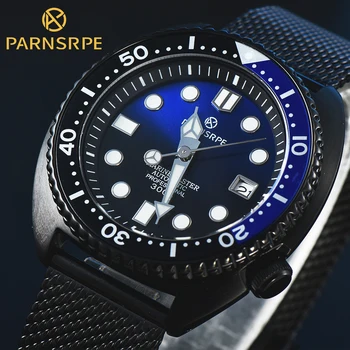 PARSRPE - Луксозни нови мъжки автоматично механични часовници с наклон за гмуркане NH36A сапфирен кристал PVD, черен корпус водоустойчив
