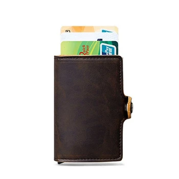 RFID Блокер Реколта автоматично кожени Притежателите на кредитни карти за мъже и жени, бизнес титуляр за самоличност от алуминиева сплав, тънък портфейл, чанта