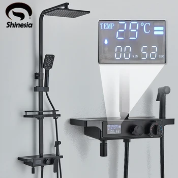 Shinesia, черно Термостатичен смесител за душ с цифров дисплей, комплект за душ с дъждовна система в банята, луксозен смесител