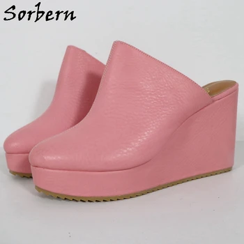 Sorbern Румяно-розови дамски обувки-лодка от естествена кожа, джапанки обувки с високи токчета, Размер 46, платформа, обувки без обков с остри пръсти, обувки по поръчка