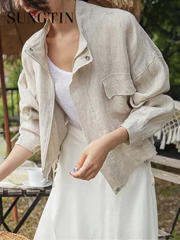 Sungtin Бельо в памучна блуза, палто, елегантна корея бельо яке, дамски реколта ежедневни дамски яке Оверсайз за лятото и пролетта 2023