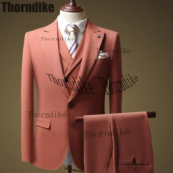 Thorndike, Луксозен Мъжки костюм на Младоженеца, Нови Тънки Розови мъжки костюми в щегольском стил, комплект от 3 теми, блейзър, комплект за сватбеното парти (яке + Панталон + Елек)