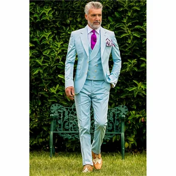 TPSAADE Мъжки костюм в бизнес стил, смокинг Младоженеца с изрезки на лацканах, Сини Мъжки костюми, булчински костюм кума (Яке + Панталон + Вратовръзка + Жилетка)