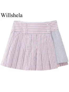 Willshela Дамски модни лоскутные шарени мини-поли със страничен цип, къси Панталони, реколта дамски къси панталони с висока талия, шикозни дамски къси панталони