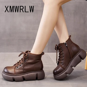 XMWRL/ женски ботильоны от естествена кожа, есенни обувки, дамски обувки в дебела подметка в стил ретро, дамски есенни ботильоны дантела